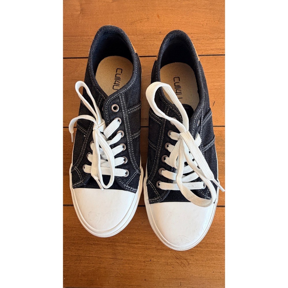 CUll4U Womens Black Denim Canvas Low Top Sneakers White Toe Cap Size‎ 9